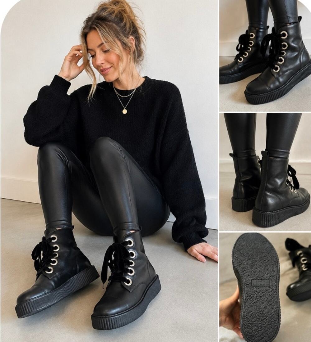 Marc Jacob’s Vintage Black Leather Combat Boots Velvet Laces Womens 41